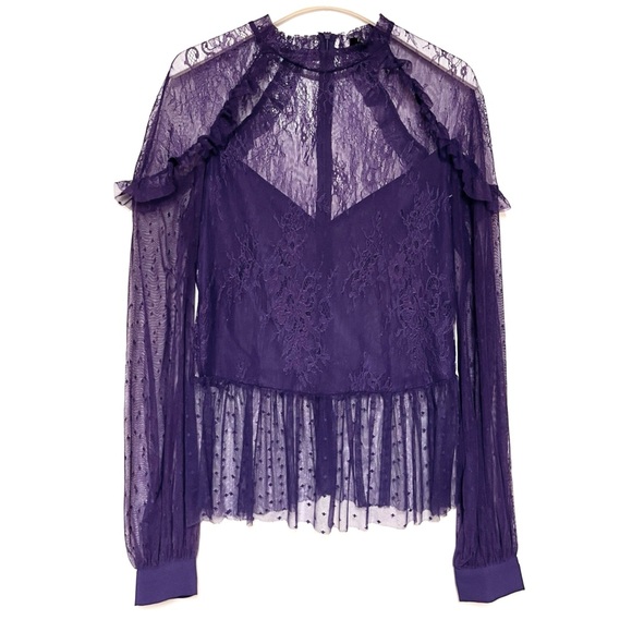 Bardot Splice Lace Blouse Top Womens Purple Ruffle Sheer Whimsgoth Fairy Medium - Picture 3 of 14
